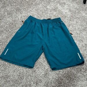 Unbranded Mens Teal Blue Athletic Running Shorts Size L Zipper Pockets Stretch